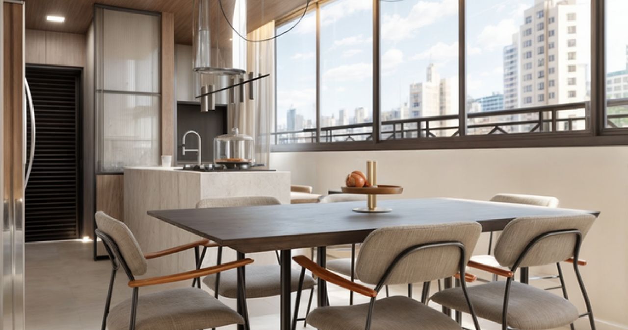 Mesa de jantar com cadeiras estofadas em frente à cozinha com ilha e janelas para a cidade