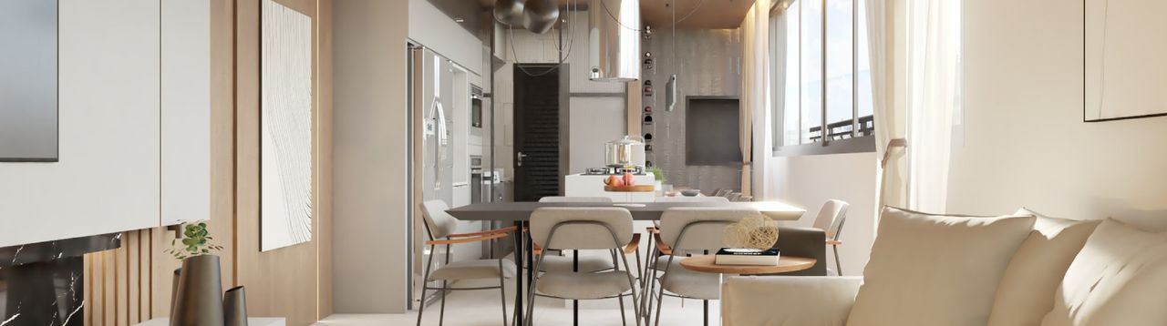 Estar e jantar integrados do Apartamento Caju, com painéis de madeira, mesa escura e cozinha ao fundo