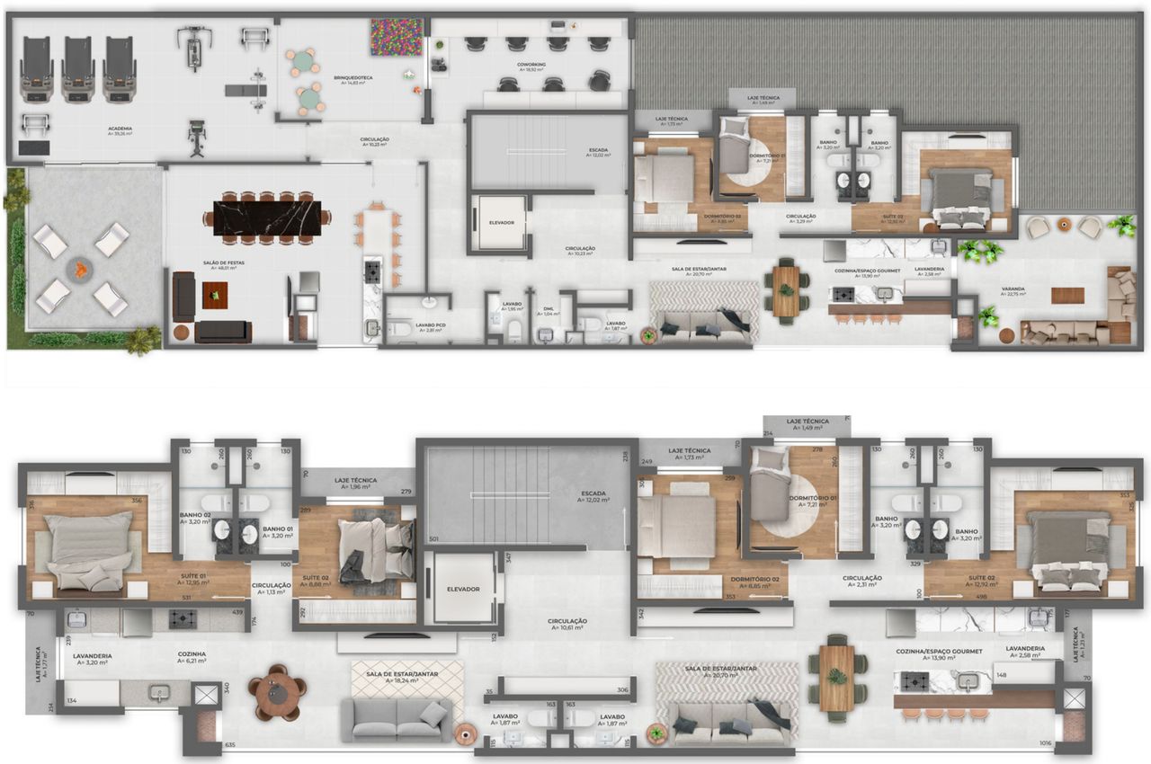 Plantas humanizadas do pavimento de áreas sociais e do pavimento tipo do Residencial Ônix